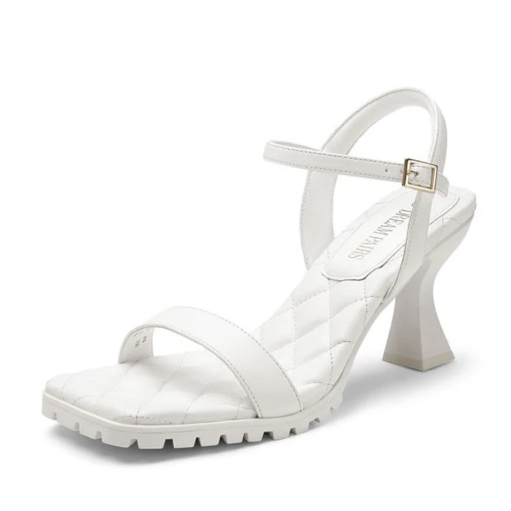 Dream Pairs Quilted Cushion Square Toe Strappy Heeled Sandals, White, Women’s 9